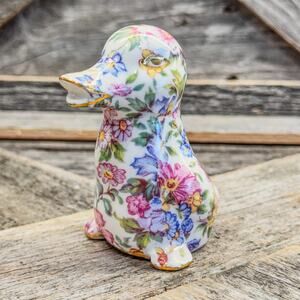 1980 Vintage Nantucket Chintz Porcelain Duck Figurine w/ Gold Accents, 3.5”H